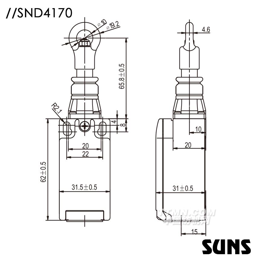 SUNS美國三實自復位拉繩開關SND4170安全拉繩開關 單向動作式拉繩開關 尺寸圖